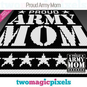 Op de afbeelding: Zwart-wit pixel art ontwerp met de tekst "Proud Army Mom" en sterren. Het ontwerp is geschikt voor kruissteek of andere pixel art projecten.
