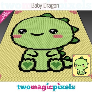 May include: A green baby dragon with a cute expression, sitting on a yellow background with hearts. The dragon has black eyes, a black mouth, and black outlines. The image is a digital sample, not a photo.
