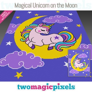 May include: A digital pixel art pattern of a unicorn sleeping on a yellow crescent moon. The moon is on a purple background with white clouds and stars. The unicorn has a rainbow mane and tail. The pattern is titled "Magical Unicorn on the Moon" and is by "twomagicpixels".
