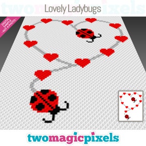 May include: A digital cross-stitch pattern featuring two ladybugs and a heart made of red hearts. The pattern is titled "Lovely Ladybugs" and is from the website "twomagicpixels.com".