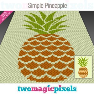 May include: A crochet pattern for a simple pineapple design. The pattern is made up of green, brown, and white squares. The pattern is titled "Simple Pineapple".