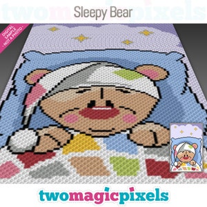 Sleepy Bear crochet graph cross stitch; (c2c, mini c2c, sc, hdc, dc, tss); knitting; PDF download, no counts/ instructions