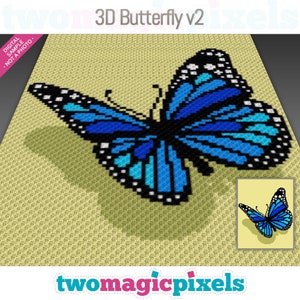 May include: A blue and turquoise 3D butterfly pixel art design. The butterfly is on a beige background with a smaller version of the butterfly in the bottom right corner.