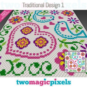 Traditional Design 1 crochet graph (c2c, mini c2c, sc, hdc, dc, tss), cross stitch, knitting; PDF download, no counts or instructions