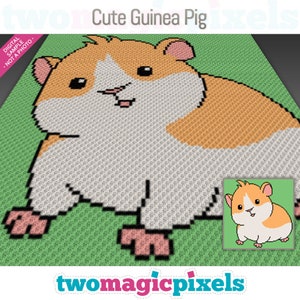 May include: A pixel art pattern of a cute guinea pig with orange and white fur. The guinea pig is sitting on a green background. The pattern is made up of small squares.