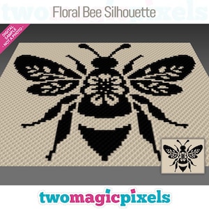 May include: Black and white pixel art pattern of a bee with a floral design on its body. The bee is surrounded by a beige background. The text "Floral Bee Silhouette" is at the top of the image.