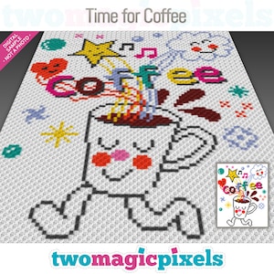 May include: A pixel art design of a coffee cup with a smiling face. The cup is holding a steaming cup of coffee and the word "Coffee" is written in rainbow colours above the cup. The design is surrounded by stars, hearts, and musical notes.