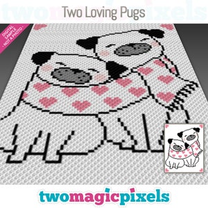 Op de afbeelding: Twee cartoon-moppen die roze sjaals dragen met hartjes erop. De moppen knuffelen en kijken elkaar aan. De afbeelding is een pixel art-ontwerp.