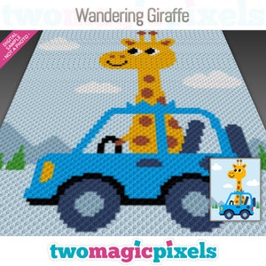 May include: A crochet pattern featuring a giraffe driving a blue car. The pattern is a digital download, not a physical product. The pattern is called "Wandering Giraffe" and is from the shop "twomagicpixels".