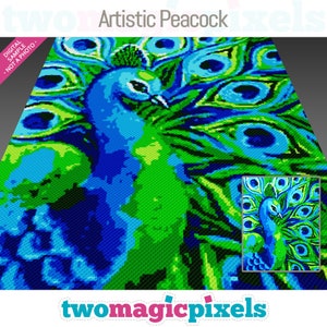 May include: A digital pixel art image of a peacock with blue, green, and white feathers. The peacock is facing the left side of the image. The image is titled "Artistic Peacock".