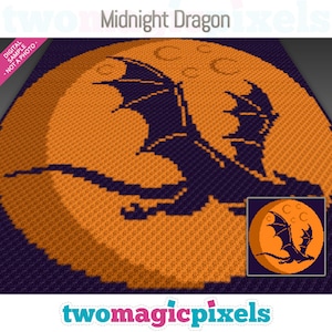 May include: A pixel art pattern of a black dragon flying in front of a large orange moon. The text "Midnight Dragon" is at the top of the image.