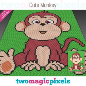 May include: A pixel art pattern of a cute cartoon monkey sitting on a green background. The monkey is brown with a pink face and a yellow mouth. The pattern is labeled "Cute Monkey".
