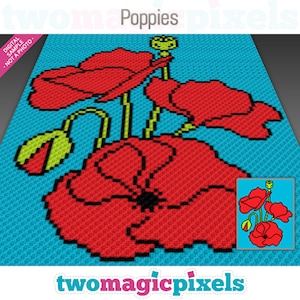 May include: A digital cross-stitch pattern featuring red poppies with green stems and buds on a blue background. The pattern is titled "Poppies" and includes a smaller sample of the design in the bottom right corner.