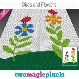 May include: A crochet pattern featuring two flowers with red birds perched on top. The flowers are blue and yellow with green stems and leaves. The background is a green grass pattern.