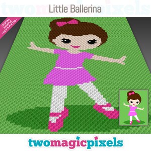 May include: A crochet pattern for a little ballerina with brown hair, a pink dress, and white tights. The pattern is on a green background and includes a smaller image of the finished product.