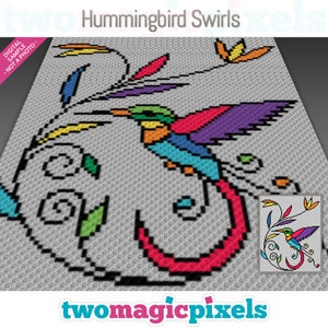 May include: A colorful pixel art pattern of a hummingbird with a long, curved tail, surrounded by swirling vines. The pattern is on a gray background and includes the text "Hummingbird Swirls".
