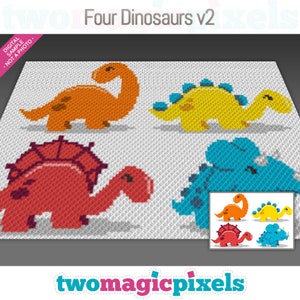 Four Dinosaurs V2 crochet graph (c2c, mini c2c, sc, hdc, dc, tss), cross stitch, knitting; PDF download, no counts or instructions