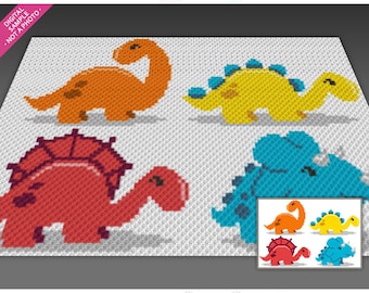 Four Dinosaurs V2 crochet graph (c2c, mini c2c, sc, hdc, dc, tss), cross stitch, knitting; PDF download, no counts or instructions