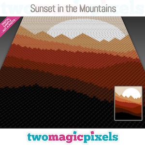 Peut inclure: Un modèle de crochet numérique pour un coucher de soleil sur des montagnes. Le motif est composé de différentes nuances de brun, d'orange et de blanc. Le motif s'appelle "Sunset in the Mountains".