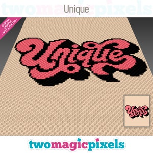 Peut inclure: Un modèle de crochet numérique pour un motif de mot "Unique" rose et noir. Le motif est affiché sur un fond beige.