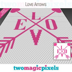 Pode incluir: Um padrão de arte de pixel para ponto cruz ou bordado contado que apresenta a palavra "LOVE" com flechas apontando em direções opostas. O padrão é em rosa e branco.