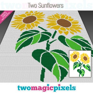 Op de afbeelding: Een digitaal pixel art-patroon van twee gele zonnebloemen met bruine centra en groene bladeren op een witte achtergrond. De titel "Two Sunflowers" staat bovenaan de afbeelding. De tekst "twomagicpixels" staat onderaan de afbeelding.