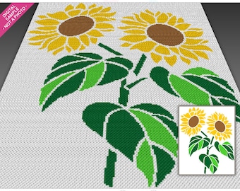 Patrón de crochet "Dos girasoles", PDF Graphgan C2C, gráfico de manta floral (sin contar las unidades)
