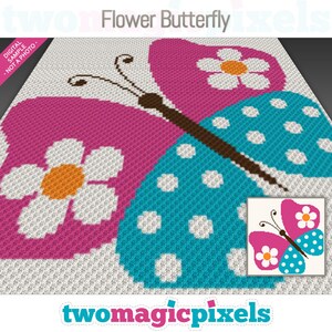May include: A crochet pattern featuring a pink and blue butterfly with white polka dots and a flower on each wing. The pattern is called "Flower Butterfly" and is from the website "twomagicpixels.com".