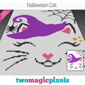 Peut inclure: Un motif de pixel art représentant un chat blanc portant un chapeau de sorcière violet avec une araignée noire sur le chapeau. Le chat a des oreilles roses et un nez en forme de cœur rose. L'arrière-plan est blanc avec des toiles d'araignées noires et des étoiles dorées.