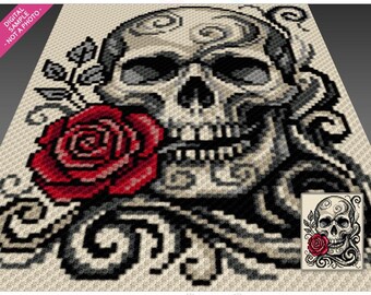 Skull with Rose Crochet Graph Pattern, Gothic C2C Graphgan PDF, Floral Skull Blanket Chart (No Counts Included)