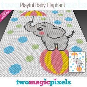 Peut inclure: Un modèle de crochet représentant un bébé éléphant gris en équilibre sur une balle rose et jaune, tenant un parapluie jaune et rouge. L'arrière-plan est blanc avec des pois bleus, verts et roses.