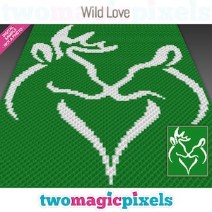 May include: A green and white pixelated design with the words "Wild Love" at the top. The design features a white heart shape with two deer heads intertwined. The words "Digital Sample - Not a Photo" are also visible.