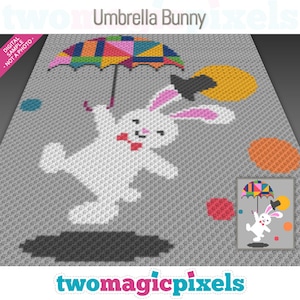 May include: A crochet pattern featuring a white bunny holding a colorful patchwork umbrella. The bunny is wearing a top hat and a red bow tie. The background is gray with colorful circles.