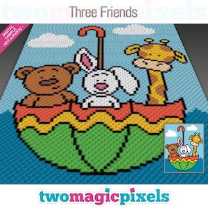 Three Friends crochet graph cross stitch; (c2c, mini c2c, sc, hdc, dc, tss); knitting;  PDF download, no counts/ instructions