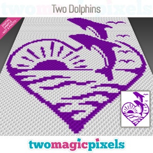 May include: A purple pixel art design of two dolphins jumping over a purple sunset in a heart shape. The design is on a white background with the text "Two Dolphins" at the top and "twomagicpixels" at the bottom.