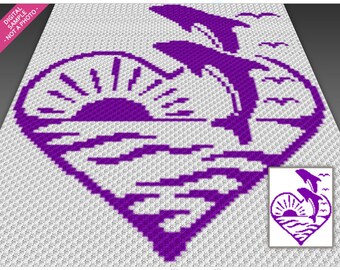 Two Dolphins crochet blanket pattern; c2c, cross stitch; graph; pdf download; no written counts or row-by-row instructions