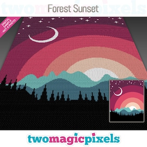 Forest Sunset Häkelgrafik; Kreuzstich; (c2c, mini c2c, sc, hStb, Stb, quer); Stricken; PDF download, keine Zählungen/ Anleitungen
