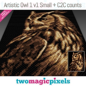 May include: A digital sample of a crochet pattern for an owl. The owl is brown and black and is shown in a close-up view. The pattern is called "Artistic Owl 1 v1 Small + C2C counts".