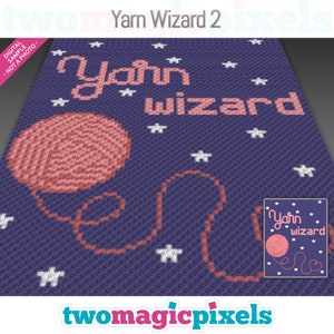 Puede incluir: Un patrón de crochet para una bola de hilo con un fondo de estrellas. El patrón incluye el texto "Yarn Wizard" en letras rosas.