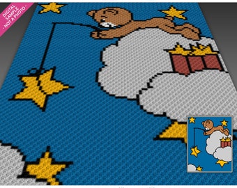 Star Fisher Bear crochet graph cross stitch; (c2c, mini c2c, sc, hdc, dc, tss); knitting; PDF download, no counts/ instructions