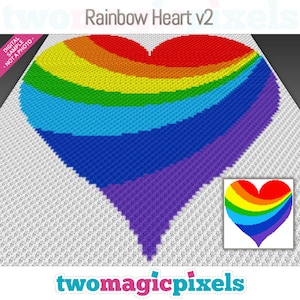 Rainbow Heart v2 graph for crochet (c2c/mini c2c, sc, hdc, dc, tss), cross stitch, knitting; instant PDF download, no counts or instructions