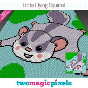 May include: A pixel art pattern of a cute, gray and white flying squirrel with pink cheeks and big black eyes. The squirrel is flying with its legs outstretched and its tail spread out behind it. The background is a light blue with green spots.