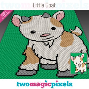 May include: A pixel art pattern of a white goat with brown spots standing on a green background. The goat has a pink nose and black eyes. The text "Little Goat" is at the top of the image. The text "twomagicpixels" is at the bottom of the image.