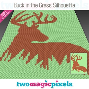 May include: A digital crochet pattern for a brown buck silhouette in a green grassy field. The pattern is called "Buck in the Grass Silhouette" and is from the website "twomagicpixels.com".