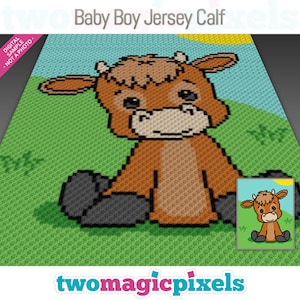 May include: A crochet pattern for a baby calf, with brown fur, sitting on a green field. The pattern is called "Baby Boy Jersey Calf" and is from the website "twomagicpixels.com".