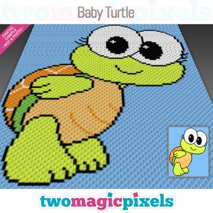 May include: A pixel art pattern of a baby turtle with big eyes and a shell. The turtle is green and orange and is walking on a blue background. The pattern is labeled "Baby Turtle".