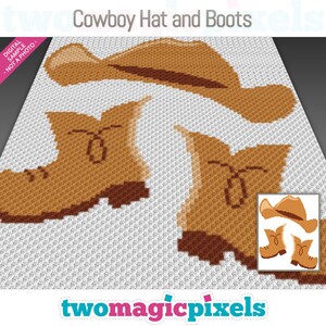 May include: A digital image featuring a cowboy hat and boots design. The hat and boots are rendered in shades of brown, with a textured appearance. The image includes the text "Cowboy Hat and Boots" and "two magic pixels".