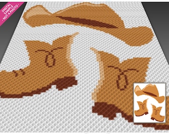 May include: A digital image featuring a cowboy hat and boots design. The hat and boots are rendered in shades of brown, with a textured appearance. The image includes the text "Cowboy Hat and Boots" and "two magic pixels".