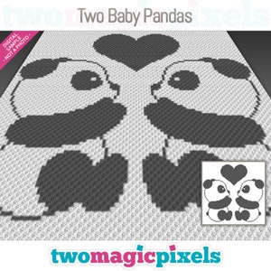 May include: Two black and white baby pandas facing each other with a heart above them. The pandas are in a pixelated style, resembling a crochet pattern.