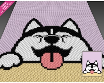 Husky Peekaboo crochet graph cross stitch; (c2c, mini c2c, sc, hdc, dc, tss); knitting; PDF download, no counts/ instructions